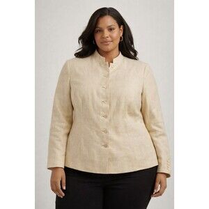 Ralph Lauren Linen Blazer Womens 16 Ivory Mandarin Collar Herringbone Jacket